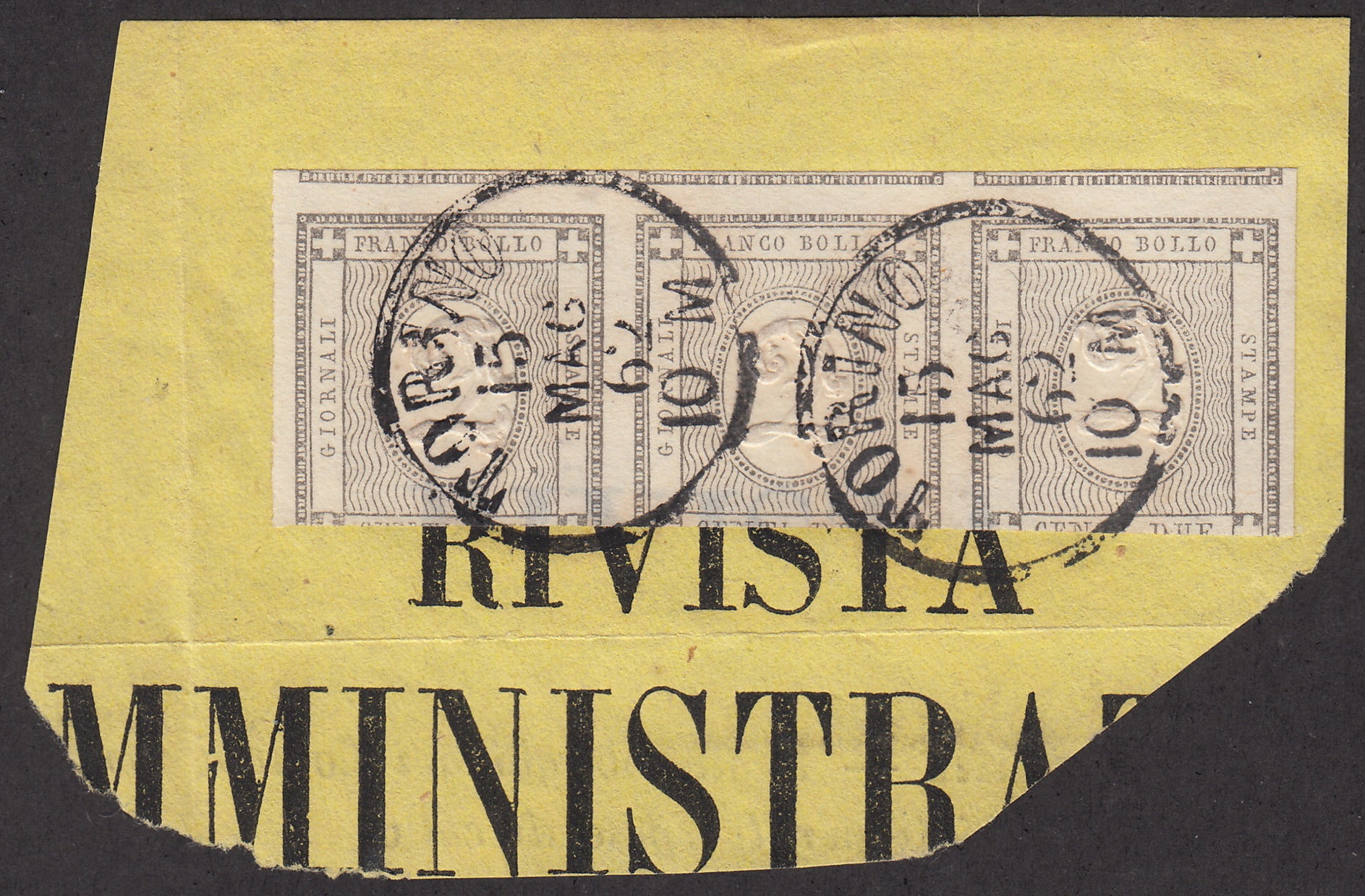 PV2040 - 1861 - Cifra c. 2 grigio nero striscia di tre esemplari usata su frammento Torino 15/5/62 (20).