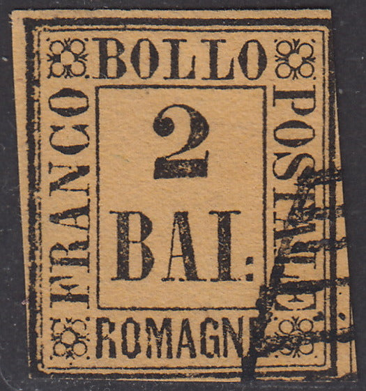 PV1332 - 1859 - Cifra in un rettangolo, 2 baj giallo arancio usato, difetti (3).