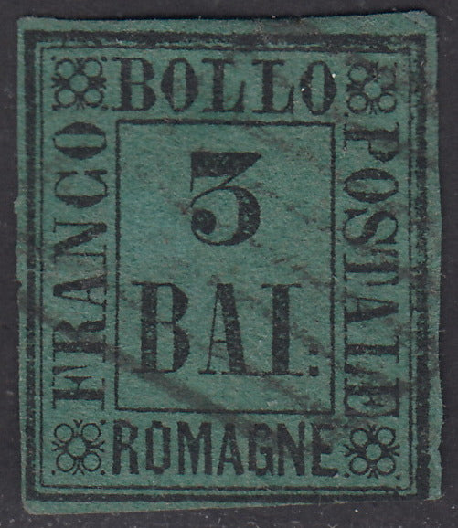 PV1342 - 1859 - Cifra in un rettangolo, 3 baj verde scuro usato, difetti (4).