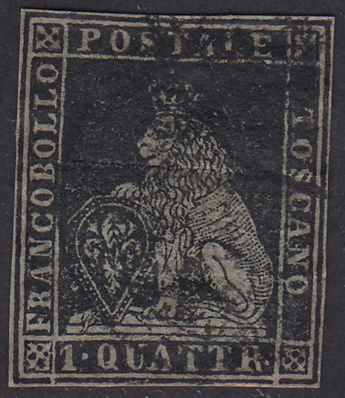 Tos146 - 1851 - Leone di Marzocco, 9 purplish brown crazie on gray paper and crown watermark used with red cancellation (8).