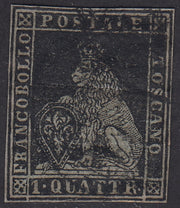 PV1520 - 1851 - Leone di Marzocco, 1 quattrino nero su carta grigia e filigrana corona usato, (1)