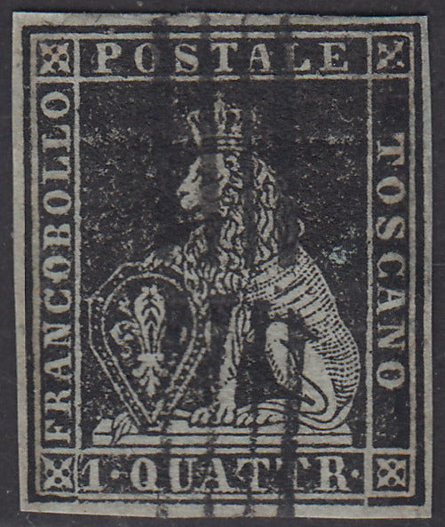 PV1522 - 1851 - Leone di Marzocco, 1 quattrino nero su carta azzurra e filigrana corona usato, (1a)