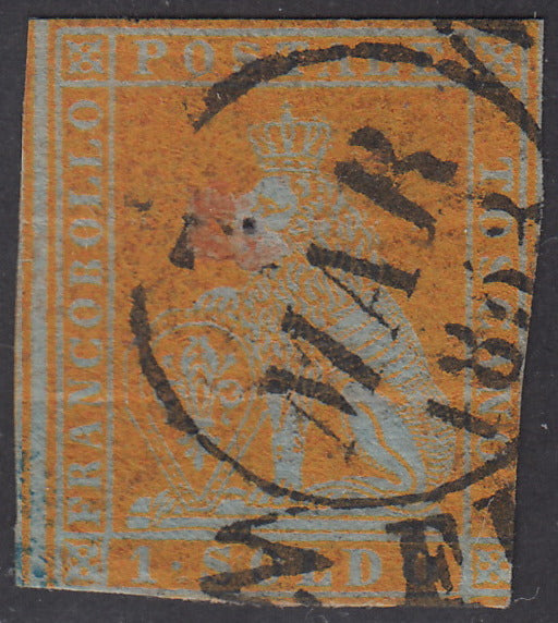 Tos146 - 1851 - Leone di Marzocco, 9 purplish brown crazie on gray paper and crown watermark used with red cancellation (8).