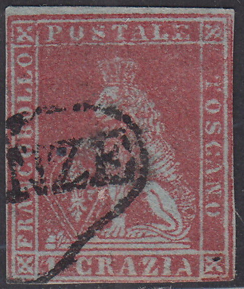 PV1576 - 1851 - Leone di Marzocco, 1 carminio cupo su carta azzurra e filigrana corona usato, annullo a cuore di Firenze. (4a)