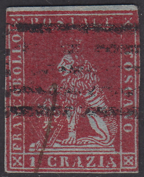 Tos146 - 1851 - Leone di Marzocco, 9 purplish brown crazie on gray paper and crown watermark used with red cancellation (8).