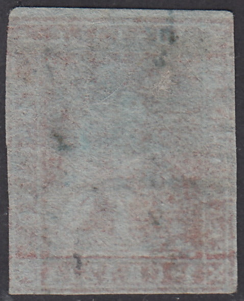 PV1586 - 1851 - Leone di Marzocco, 1 carminio su carta azzurra e filigrana corona usato, (4b)