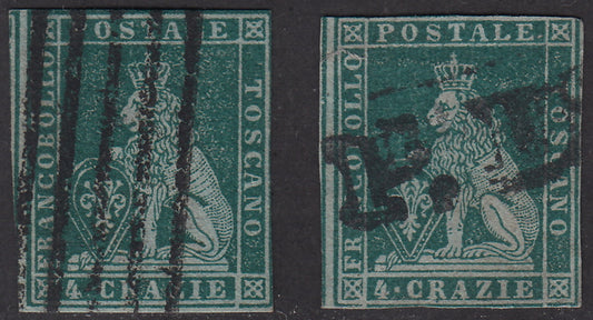 Tos146 - 1851 - Leone di Marzocco, 9 purplish brown crazie on gray paper and crown watermark used with red cancellation (8).