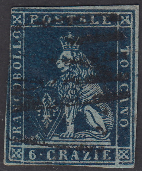 PV1630 - 1851 - Leone di Marzocco, 6 crazie indaco su carta azzurra e filigrana corona usato, (7a)