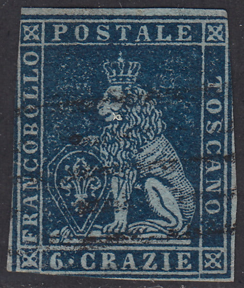 PV1652 - 1851 - Leone di Marzocco, 6 crazie azzurro scuro su carta azzurra e filigrana corona usato, (7c)