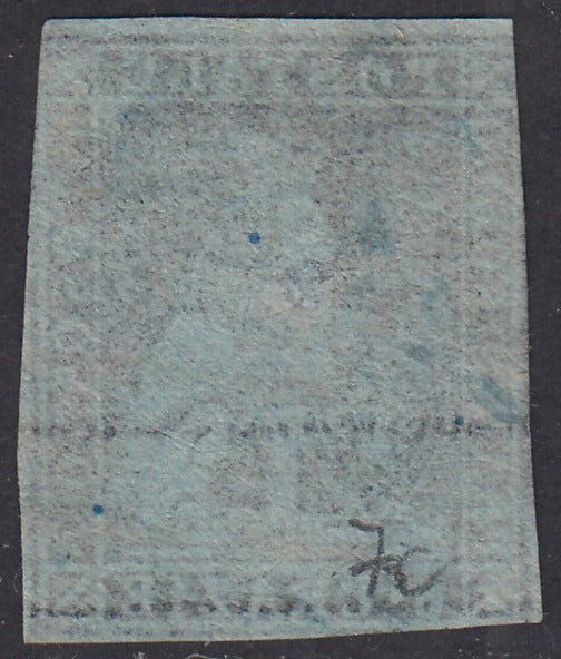 PV1652 - 1851 - Leone di Marzocco, 6 crazie azzurro scuro su carta azzurra e filigrana corona usato, (7c)