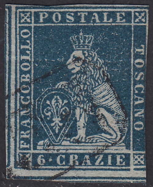 PV1668 - 1851 - Leone di Marzocco, 6 crazie indaco su carta grigia e filigrana corona usato, (7e)