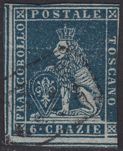 PV1668 - 1851 - Leone di Marzocco, 6 índigo crazie sobre papel gris y filigrana de corona usada, (7e)
