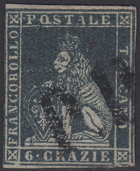 Tos146 - 1851 - Leone di Marzocco, 9 purplish brown crazie on gray paper and crown watermark used with red cancellation (8).