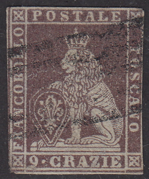 Tos146 - 1851 - Leone di Marzocco, 9 purplish brown crazie on gray paper and crown watermark used with red cancellation (8).