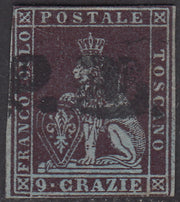 PV1696 - 1851 - Leone di Marzocco, 9 locos morados de color marrón muy oscuro sobre papel azul claro y filigrana de corona usada, (8a)