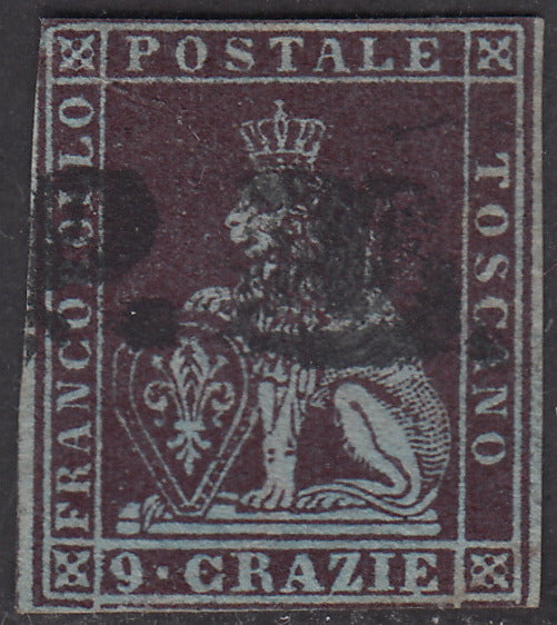 PV1696 - 1851 - Leone di Marzocco, 9 crazie viola bruno scurissimo su carta azzurra e filigrana corona usato, (8a)