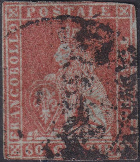 F7-189 - 1851 - Leone di Marzocco, 60 crazie scarlatto su carta grigia e filigrana corona, usato (9a)