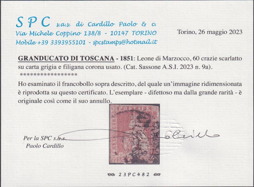 F7-189 - 1851 - Leone di Marzocco, 60 crazie scarlatto su carta grigia e filigrana corona, usato (9a)