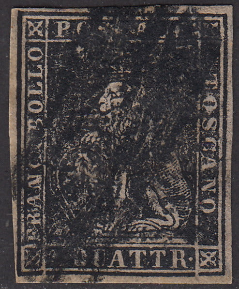 PV1711 - 1857 - Leone di Marzocco, 1 quattrino nero su carta bianca e filigrana linee ondulate usato, (10)