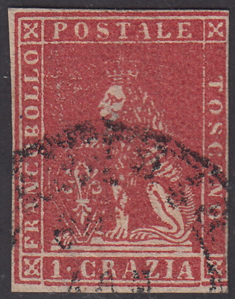 Tos146 - 1851 - Leone di Marzocco, 9 purplish brown crazie on gray paper and crown watermark used with red cancellation (8).