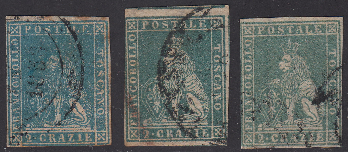 PV1739 - 1857 - Leone di Marzocco, 2 crazie azzurro, azzurro grigio verdastro e verde grigio giallastro su carta bianca e filigrana linee ondulate usati. (13, 13a, 13b)