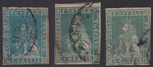 PV1739 - 1857 - Leone di Marzocco, 2 crazie azzurro, azzurro grigio verdastro e verde grigio giallastro su carta bianca e filigrana linee ondulate usati. (13, 13a, 13b)