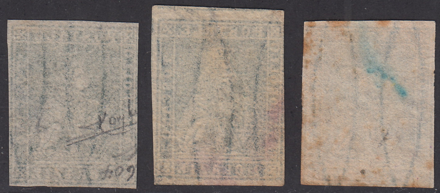 PV1739 - 1857 - Leone di Marzocco, 2 crazie azzurro, azzurro grigio verdastro e verde grigio giallastro su carta bianca e filigrana linee ondulate usati. (13, 13a, 13b)