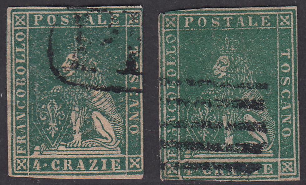 PV1754 - 1857 - Leone di Marzocco, 4 crazie verde e verde giallastro su carta bianca e filigrana linee ondulate usati. (14, 14a)