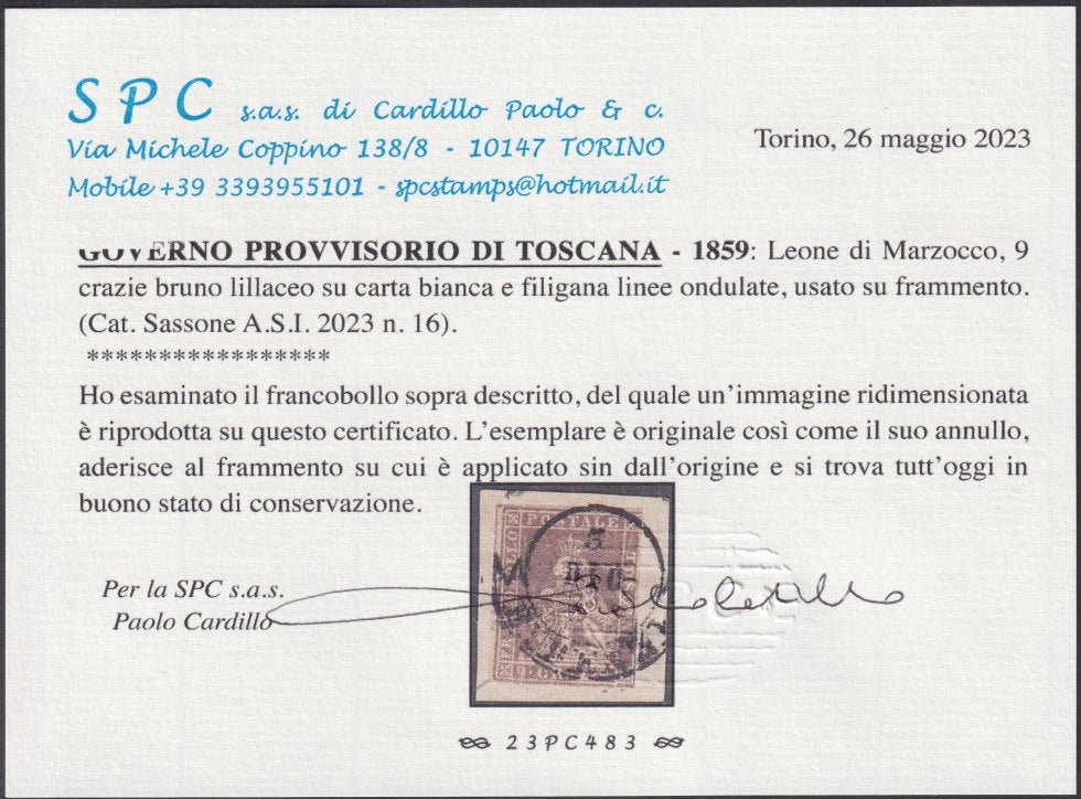 TOS27 - 1859 - Leone di Marzocco, 9 crazie bruno lillaceo su carta bianca e filigrana linee ondulate usato su frammento (16)