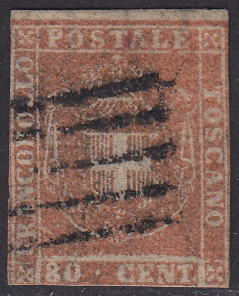 Tos146 - 1851 - Leone di Marzocco, 9 purplish brown crazie on gray paper and crown watermark used with red cancellation (8).