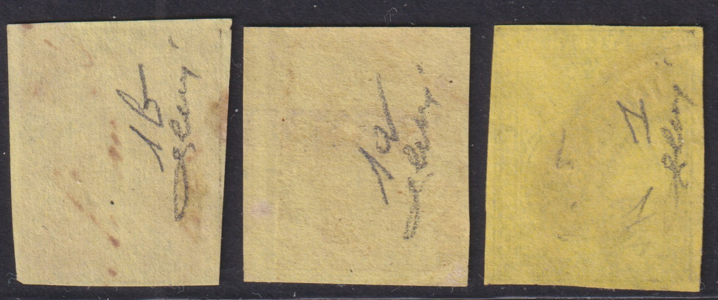 F7_76 - 1852 - I emissione, c. 5 giallo arancio, giallo e giallo chiaro verdino, usati, (1, 1a, 1b).