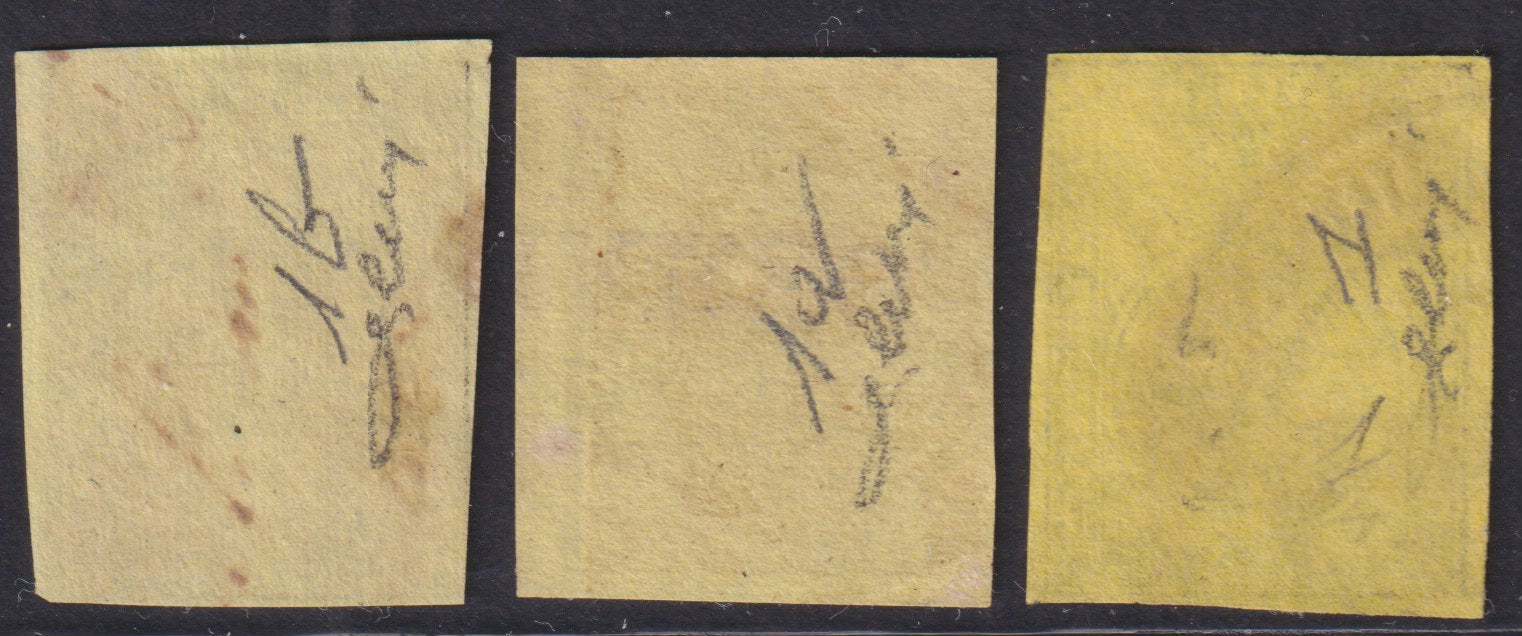 F7_76 - 1852 - I emissione, c. 5 giallo arancio, giallo e giallo chiaro verdino, usati, (1, 1a, 1b).