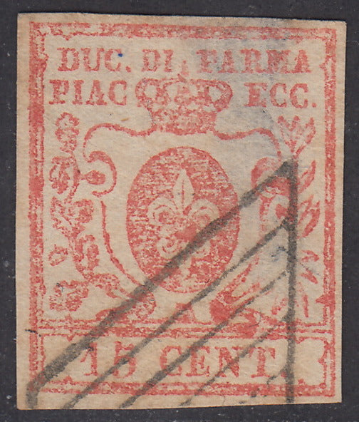 PV1142 - 1857/59 - III emissione c. 15 vermiglio usato, difetti (9)