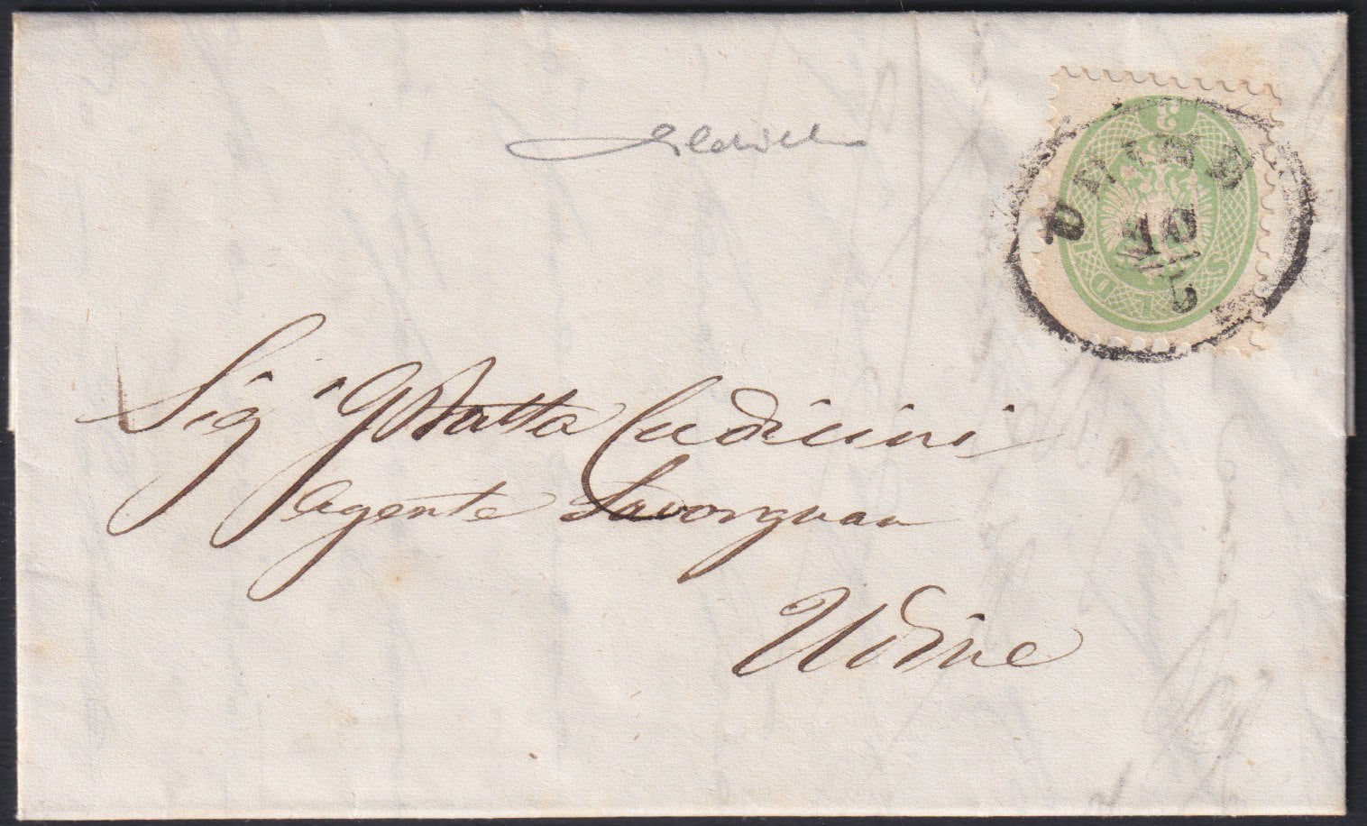 F8_6 - 1866 - Lettera spedita da Udine x città 10/5/66 affrancata con V emissione 3 soldi verde (42)