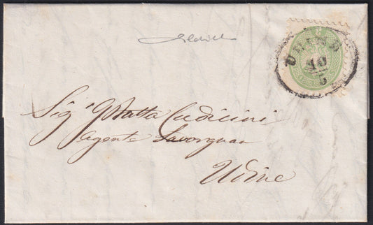 F8_6 - 1866 - Lettera spedita da Udine x città 10/5/66 affrancata con V emissione 3 soldi verde (42)