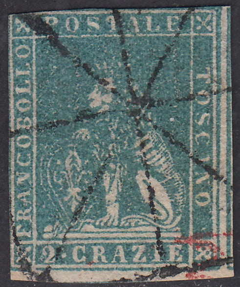 F9_141 - Leone di Marzocco, 2 crazie azzurro grigio verdastro su carta bianca e filigrana linee ondulate usata, annullo muto a ragno inconsueto su questa emissione (13a).