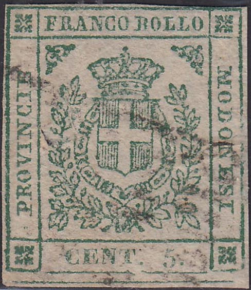 F9_41 - Scudo di Savoia sormontato da corona Reale, c. 5 verde usato, lieve trasparenza. (12).