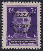 1945 - French occupation of Fezzan, Italian stamp from the Imperial series c. 50 violet overprinted FEZZAN Occupation Francaise and bars on Poste Italiane new with intact gum (1). 