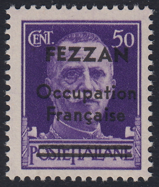 1945 - French occupation of Fezzan, Italian stamp from the Imperial series c. 50 violet overprinted FEZZAN Occupation Francaise and bars on Poste Italiane new with intact gum (1). 