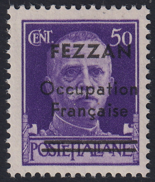 1945 - French occupation of Fezzan, Italian stamp from the Imperial series c. 50 violet overprinted FEZZAN Occupation Francaise and bars on Poste Italiane new with intact gum (1). 
