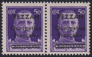 1945 - French occupation of Fezzan, Italian stamp from the Imperial series c. 50 violet overprinted FEZZAN Occupation Francaise and bars on Poste Italiane, new with intact gum, horizontal pair (1). 