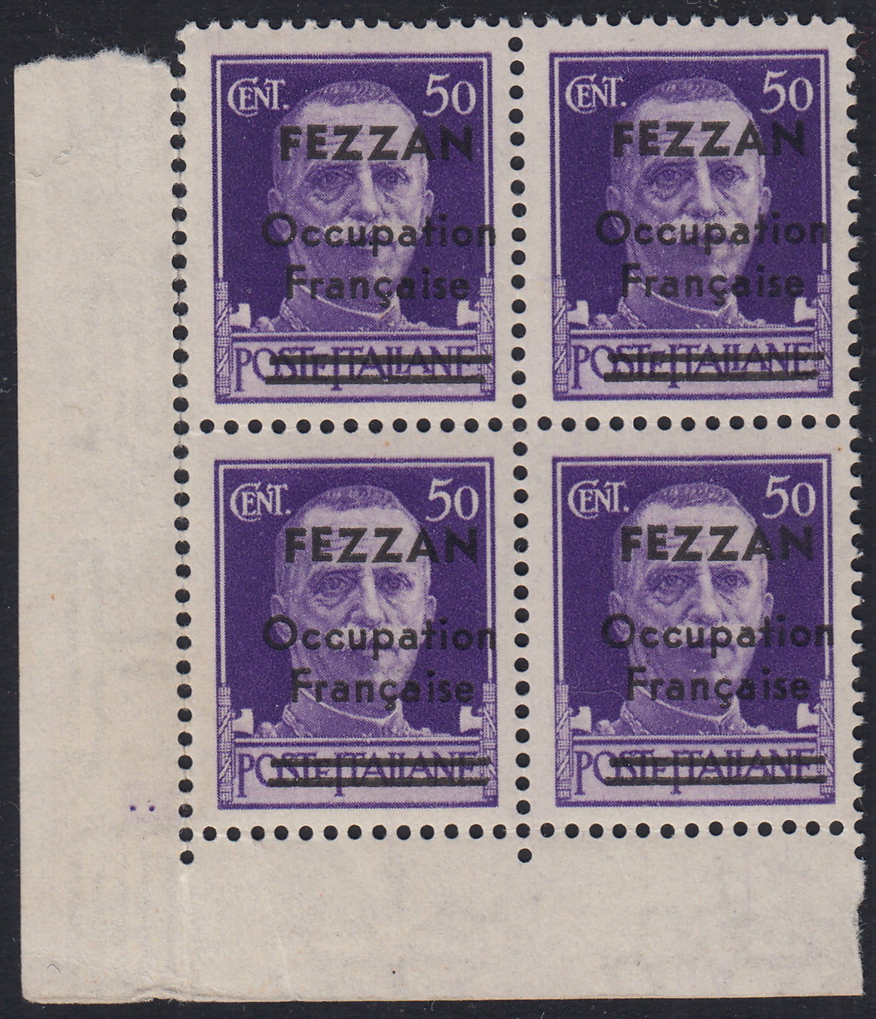 1945 - Ocupación francesa de Fezzan, sello italiano de la serie Imperial c. 50 FEZZAN Occupation Francaise sobreimpresos violetas y barras en Poste Italiane nuevos con goma intacta en bloque de cuatro (1). 