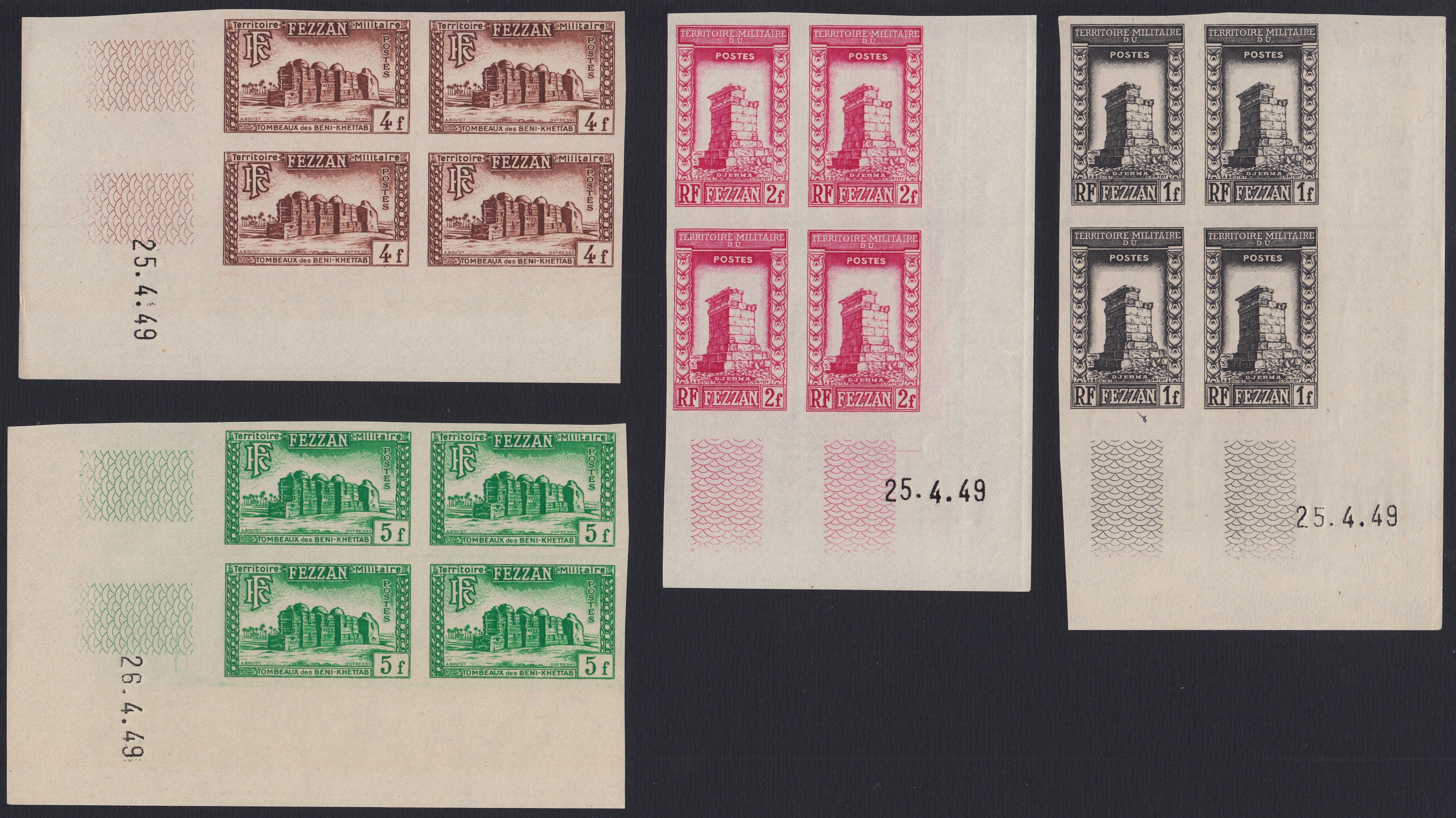 Fezzan28 - 1948 - Occupazione francese, prima emissione per il Fezzan non dentellata nuova integra in blocchi di quattro esemplari (16/26).