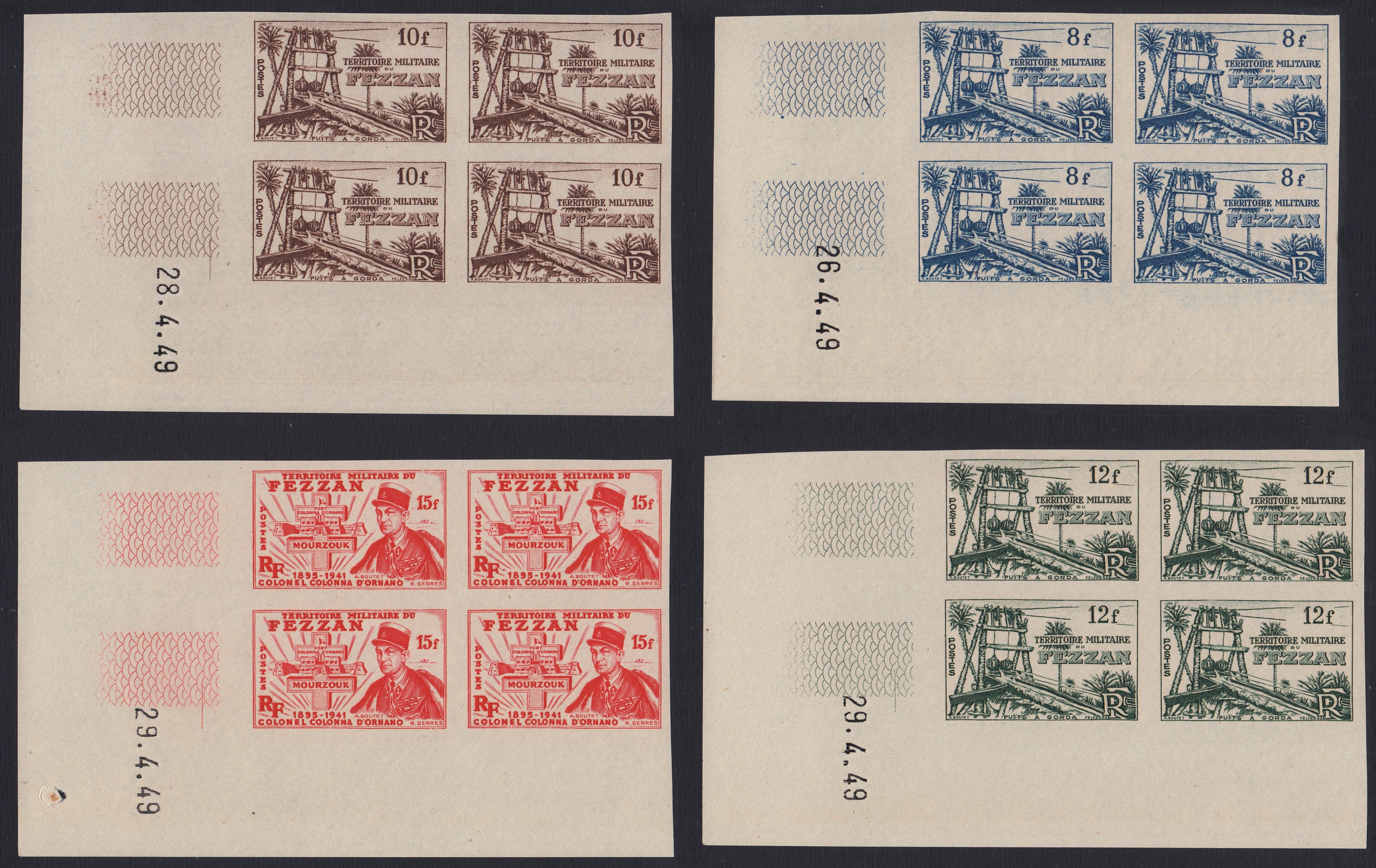 Fezzan28 - 1948 - Occupazione francese, prima emissione per il Fezzan non dentellata nuova integra in blocchi di quattro esemplari (16/26).