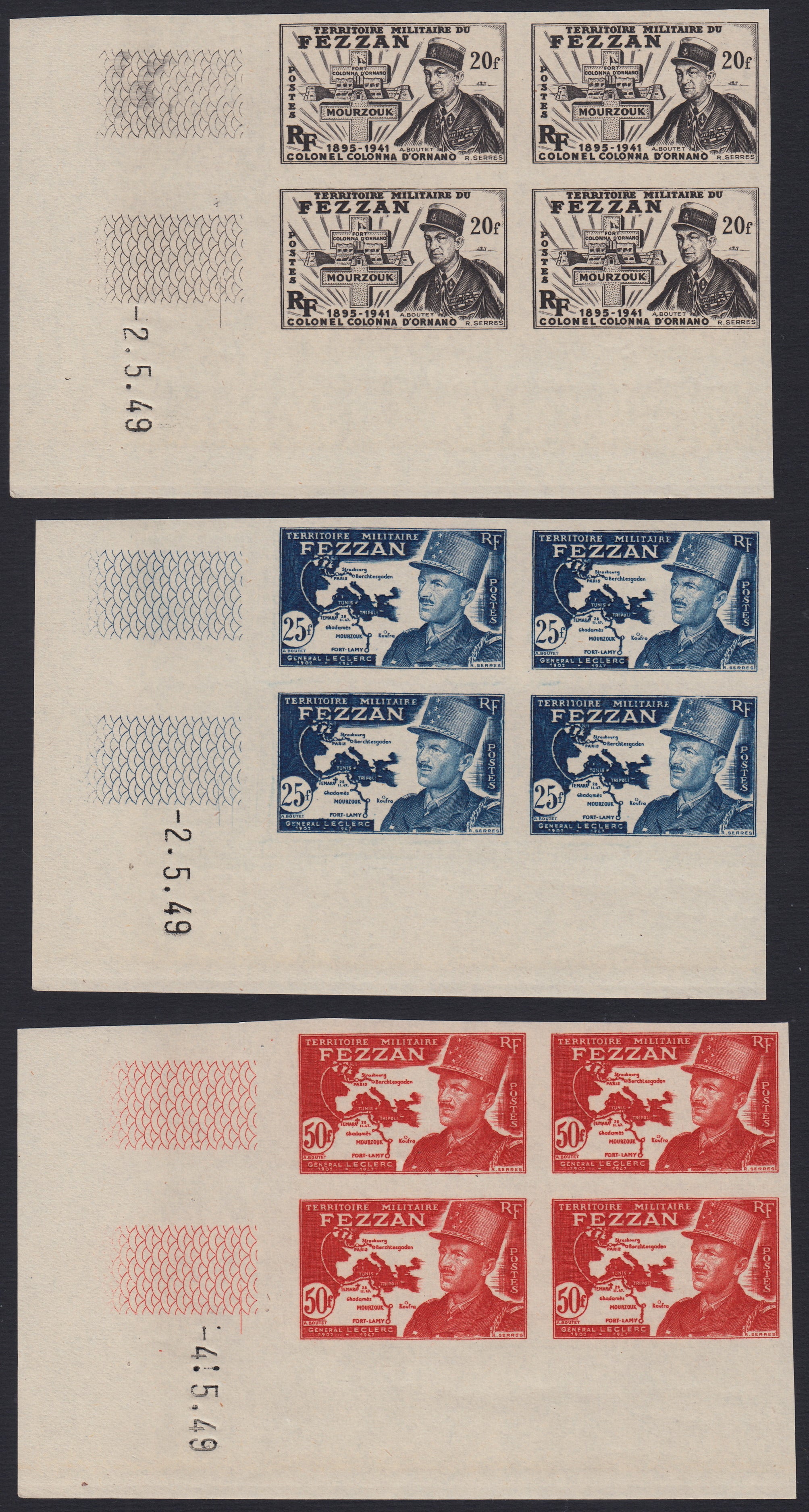 Fezzan28 - 1948 - Occupazione francese, prima emissione per il Fezzan non dentellata nuova integra in blocchi di quattro esemplari (16/26).