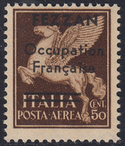 1945 - French occupation of Fezzan, Airmail stamp from c. 50 brown overprinted FEZZAN Occupation Francaise and bars on Poste Italiane, new, intact (1). 
