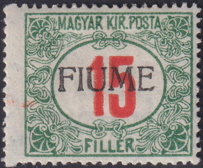 FF197 - 1918 - Segnatasse d'Ungheria 15 filler verde e rosso con soprastampa FIUME a mano del II tipo nuova con gomma (10/II).