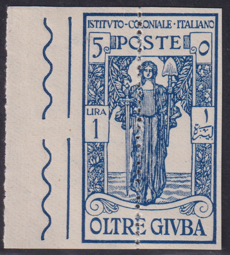 FF246 - 1926 - Annessione dell'Oltre Giuba, L. 1 + 5c. azzurro prova d'Archivio non dentellata con dentellatura supplementare verticale al centro. (P41a).