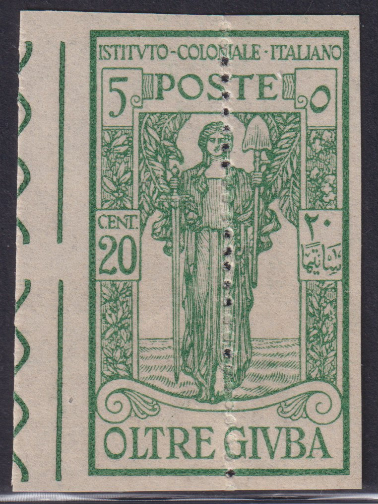 FF247 - 1926 - Annessione dell'Oltre Giuba, c. 5 + 5c. verde prova d'Archivio non dentellata con dentellatura supplementare verticale al centro. (P36a).