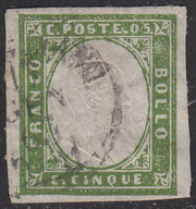 FF277 - 1859 - IV emissione c. 5 verde oliva III composizione usato (13Bb)